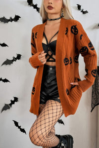 Pumpkin Print Open Front Long Sleeve Cardigan-Pumpkin Print Open Front Long Sleeve Cardigan - Halloween Style. Pumpkin motif and cozy knit cardigan adds a festive touch to your fall wardrobe.