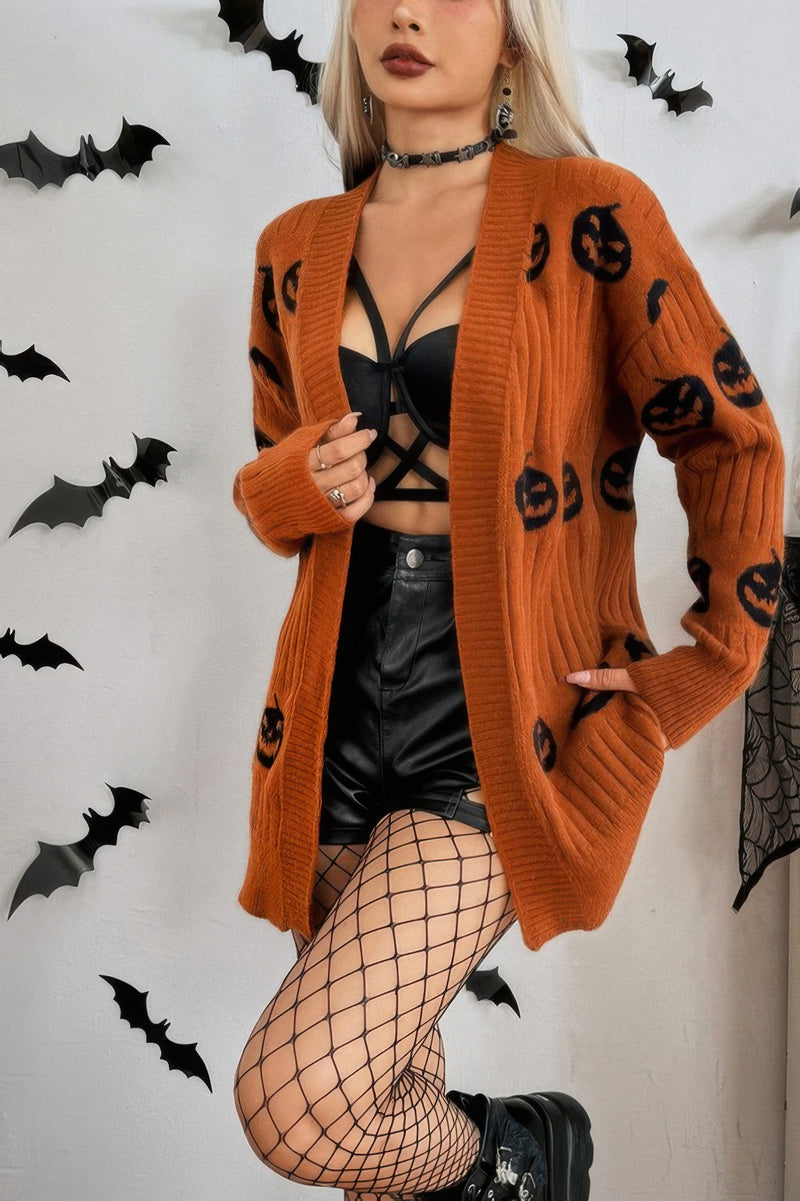 Pumpkin Print Open Front Long Sleeve Cardigan-Pumpkin Print Open Front Long Sleeve Cardigan - Halloween Style. Pumpkin motif and cozy knit cardigan adds a festive touch to your fall wardrobe.