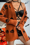 Pumpkin Print Open Front Long Sleeve Cardigan-Pumpkin Print Open Front Long Sleeve Cardigan - Halloween Style. Pumpkin motif and cozy knit cardigan adds a festive touch to your fall wardrobe.