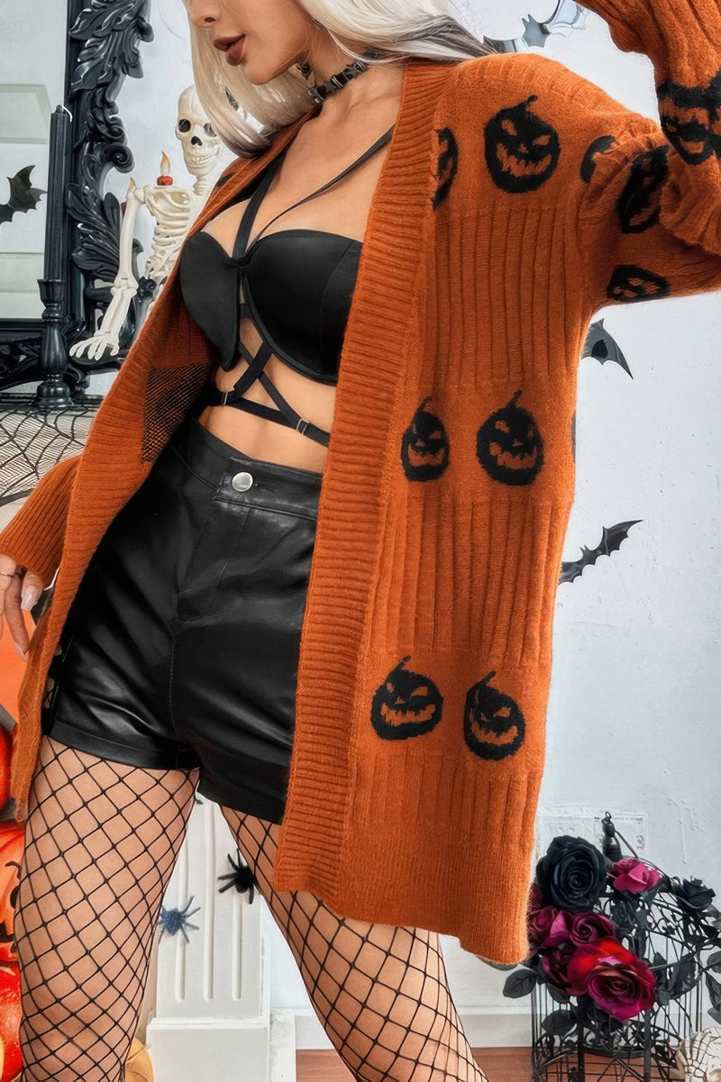 Pumpkin Print Open Front Long Sleeve Cardigan-Pumpkin Print Open Front Long Sleeve Cardigan - Halloween Style. Pumpkin motif and cozy knit cardigan adds a festive touch to your fall wardrobe.