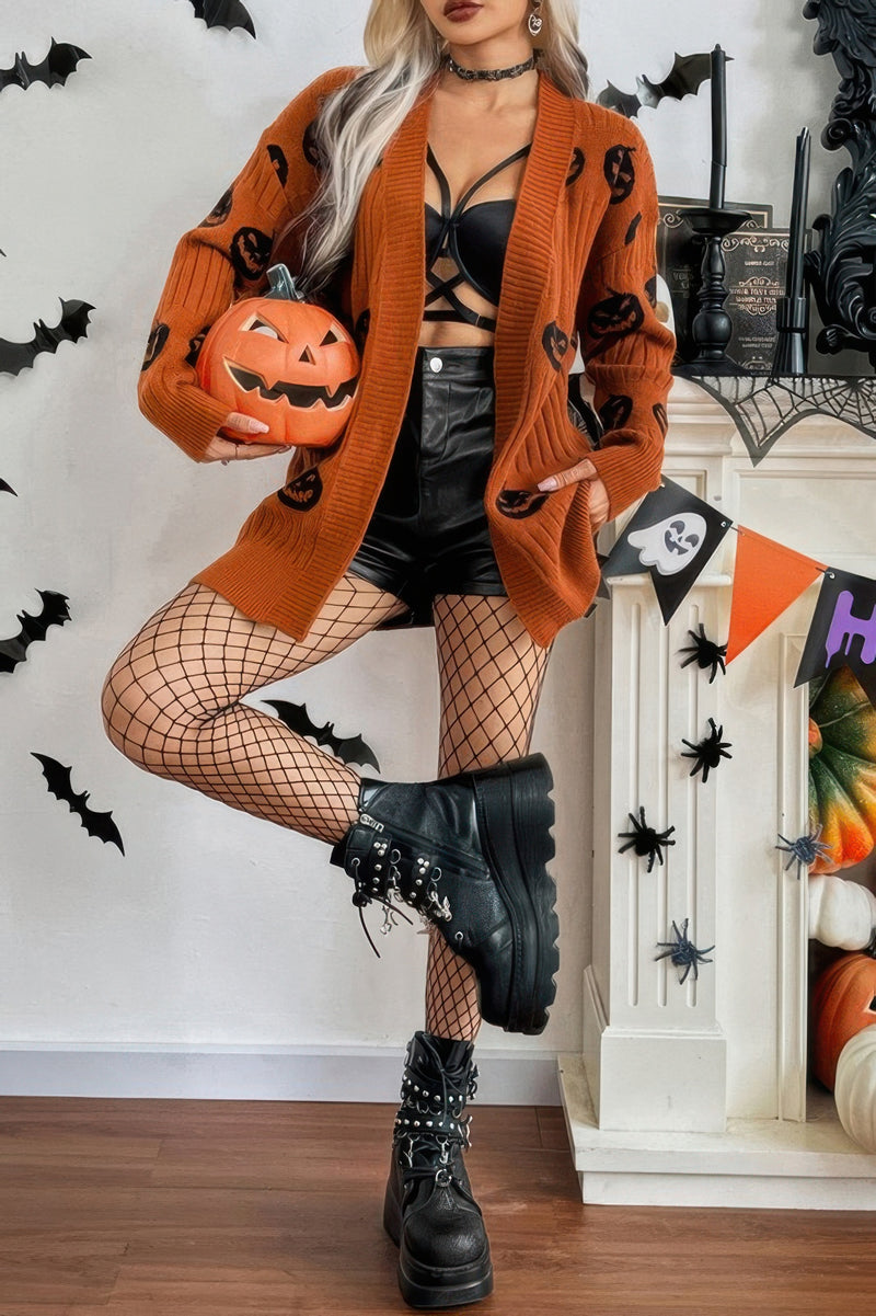 Pumpkin Print Open Front Long Sleeve Cardigan-Pumpkin Print Open Front Long Sleeve Cardigan - Halloween Style. Pumpkin motif and cozy knit cardigan adds a festive touch to your fall wardrobe.