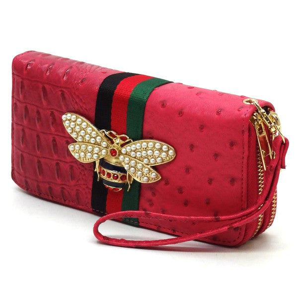 Queen Bee Stripe Ostrich Double Zip Around Wallet-Reef Love