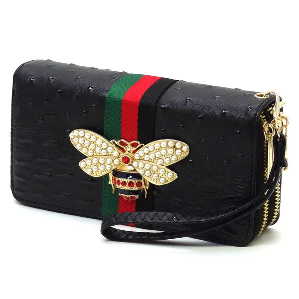 Queen Bee Stripe Ostrich Double Zip Around Wallet-Reef Love