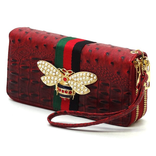 Queen Bee Stripe Ostrich Double Zip Around Wallet-Reef Love