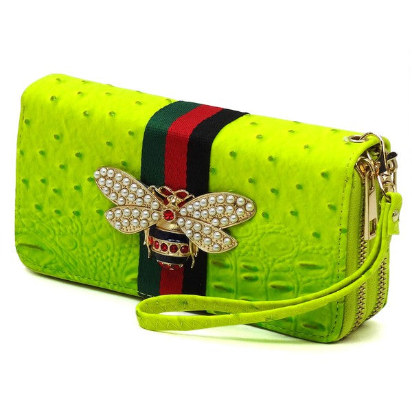 Queen Bee Stripe Ostrich Double Zip Around Wallet-Reef Love