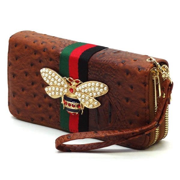 Queen Bee Stripe Ostrich Double Zip Around Wallet-Reef Love
