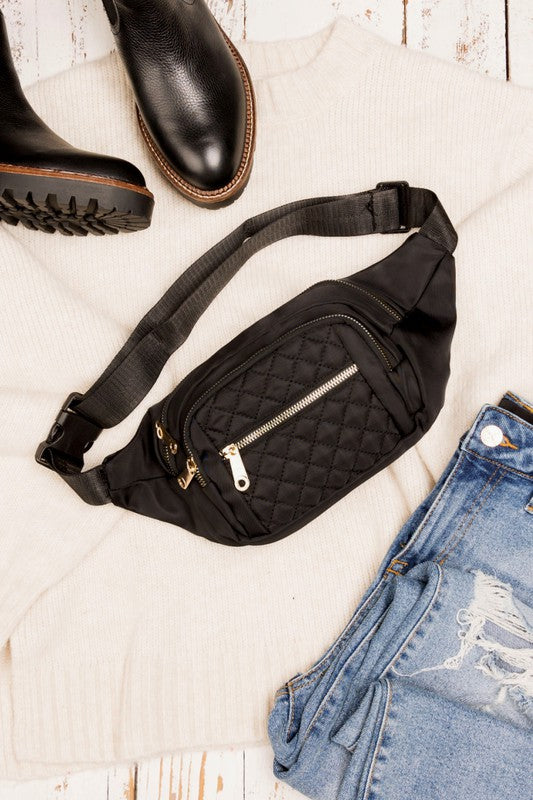 Quilted Convertible Sling Belt Bum Bag-Convertible quilted belt bag and sling bag with gold hardware and 4 zipper pockets. Lightweight, stylish, and perfect for travel or everyday wear.-Reef Love