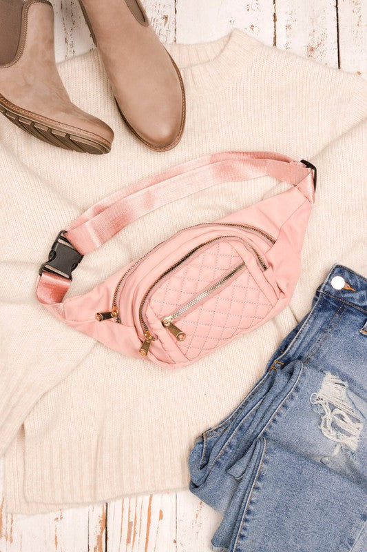 Quilted Convertible Sling Belt Bum Bag-Convertible quilted belt bag and sling bag with gold hardware and 4 zipper pockets. Lightweight, stylish, and perfect for travel or everyday wear.-Reef Love