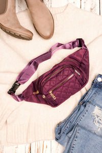 Quilted Convertible Sling Belt Bum Bag-Convertible quilted belt bag and sling bag with gold hardware and 4 zipper pockets. Lightweight, stylish, and perfect for travel or everyday wear.-Reef Love