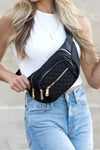 Quilted Convertible Sling Belt Bum Bag-Convertible quilted belt bag and sling bag with gold hardware and 4 zipper pockets. Lightweight, stylish, and perfect for travel or everyday wear.-Reef Love