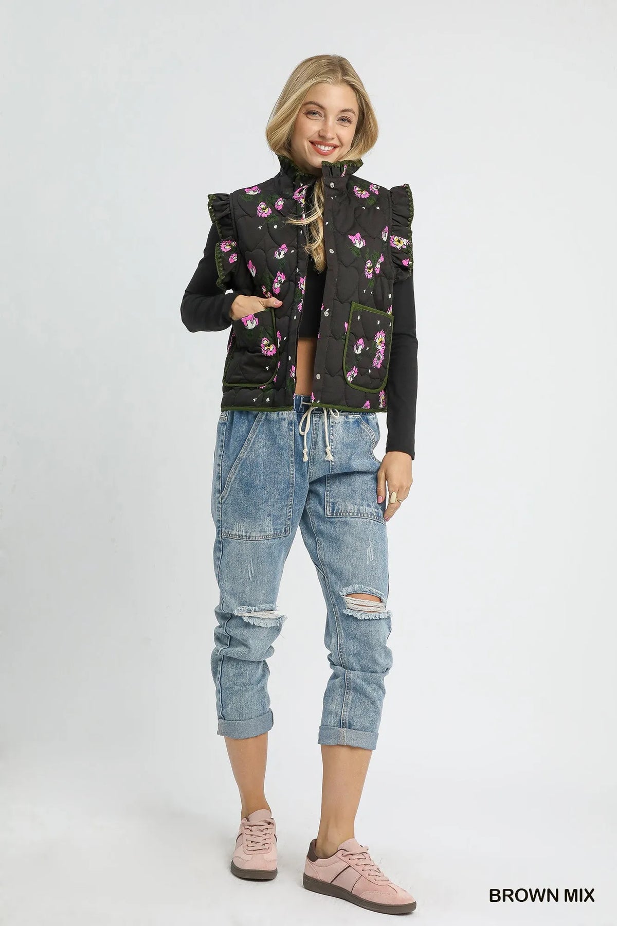 Quilted Floral Snap Down Vest