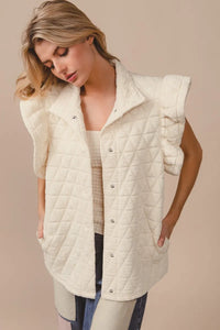 Quilted Knit Ruffle Sleeve Vest, Oatmeal-Oatmeal quilted ruffle sleeve vest with diamond pattern, button front, and collared design. Neutral lightweight layering piece for chic fall and spring outfits.-Reef Love