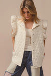 Quilted Knit Ruffle Sleeve Vest, Oatmeal-Oatmeal quilted ruffle sleeve vest with diamond pattern, button front, and collared design. Neutral lightweight layering piece for chic fall and spring outfits.-Reef Love