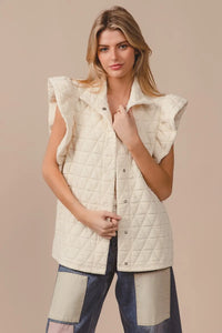 Quilted Knit Ruffle Sleeve Vest, Oatmeal-Oatmeal quilted ruffle sleeve vest with diamond pattern, button front, and collared design. Neutral lightweight layering piece for chic fall and spring outfits.-Reef Love