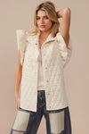 Quilted Knit Ruffle Sleeve Vest, Oatmeal-Oatmeal quilted ruffle sleeve vest with diamond pattern, button front, and collared design. Neutral lightweight layering piece for chic fall and spring outfits.-Reef Love