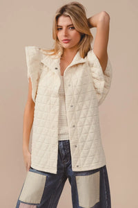 Quilted Knit Ruffle Sleeve Vest, Oatmeal-Oatmeal quilted ruffle sleeve vest with diamond pattern, button front, and collared design. Neutral lightweight layering piece for chic fall and spring outfits.-Reef Love