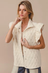 Quilted Knit Ruffle Sleeve Vest, Oatmeal-Oatmeal quilted ruffle sleeve vest with diamond pattern, button front, and collared design. Neutral lightweight layering piece for chic fall and spring outfits.-Reef Love