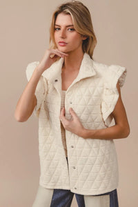 Quilted Knit Ruffle Sleeve Vest, Oatmeal-Oatmeal quilted ruffle sleeve vest with diamond pattern, button front, and collared design. Neutral lightweight layering piece for chic fall and spring outfits.-Reef Love