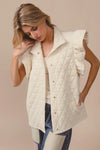 Quilted Knit Ruffle Sleeve Vest, Oatmeal-Oatmeal quilted ruffle sleeve vest with diamond pattern, button front, and collared design. Neutral lightweight layering piece for chic fall and spring outfits.-Reef Love