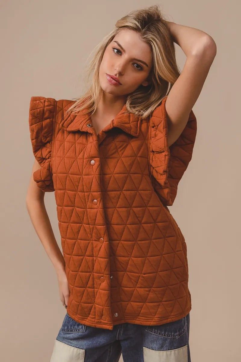Quilting Knit Ruffle Sleeve Vest, Rust