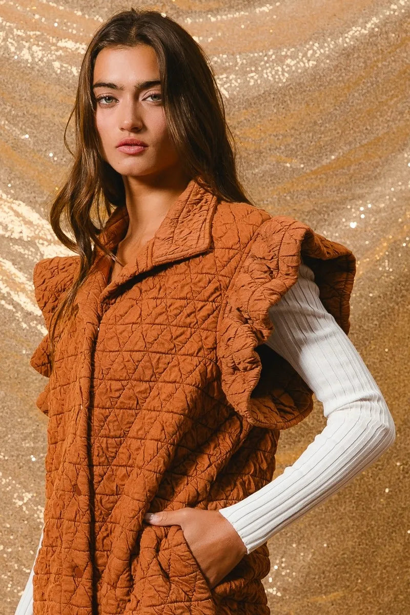 Quilting Knit Ruffle Sleeve Vest, Rust