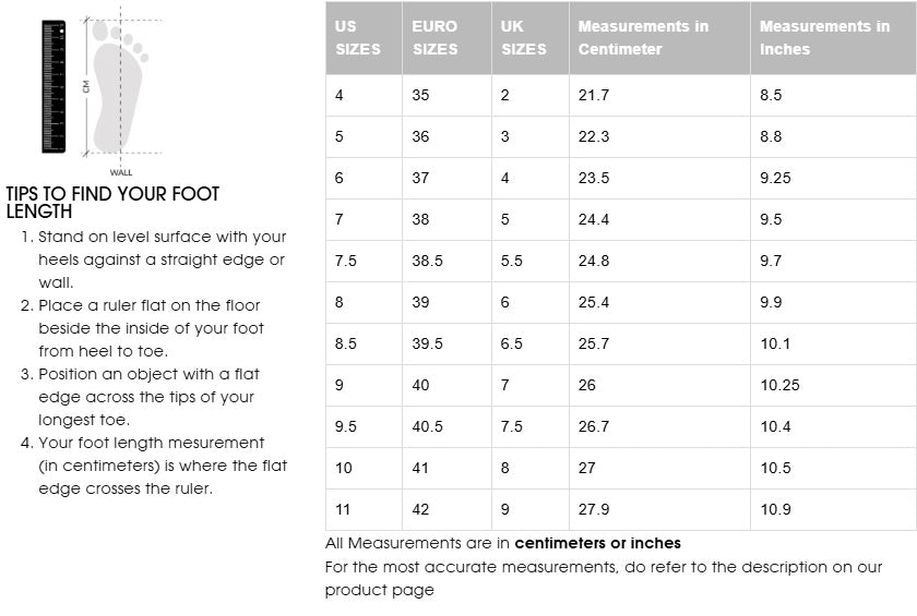 Shoe size chart comparing US, EU, and UK sizes with measurements in centimeters and inches.