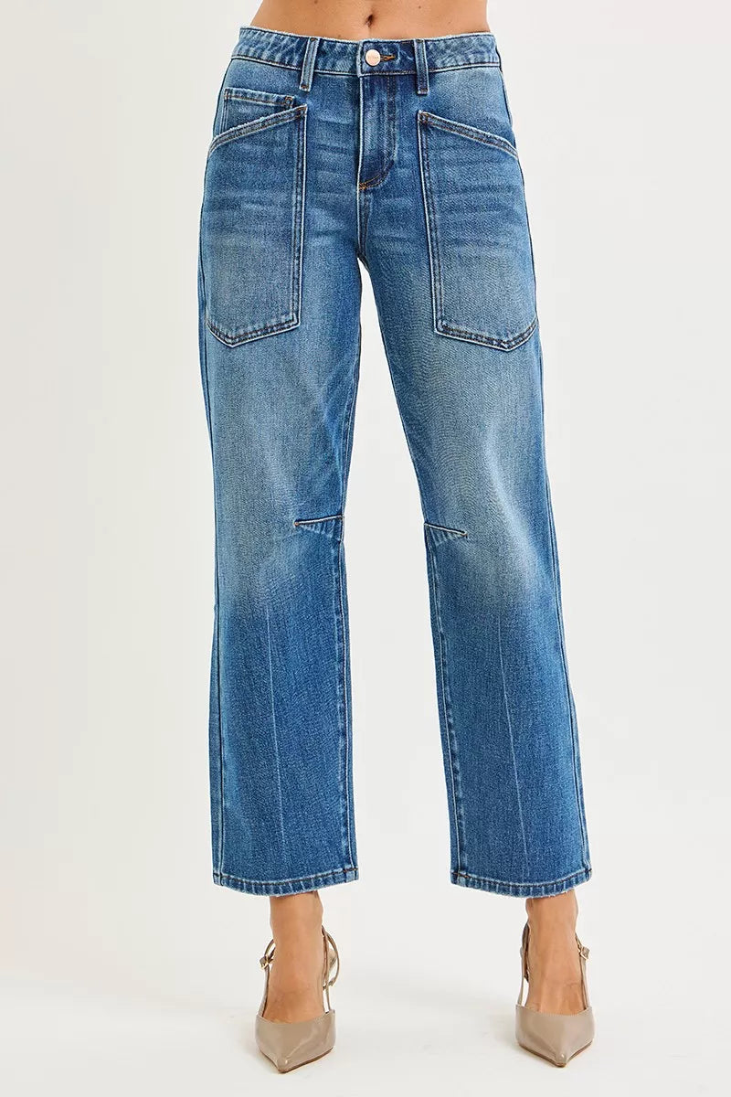 RISEN 4-Way Stretch Mid Rise Barrel Jeans with Patch Pocket Detail