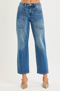 RISEN 4-Way Stretch Mid Rise Barrel Jeans with Patch Pocket Detail