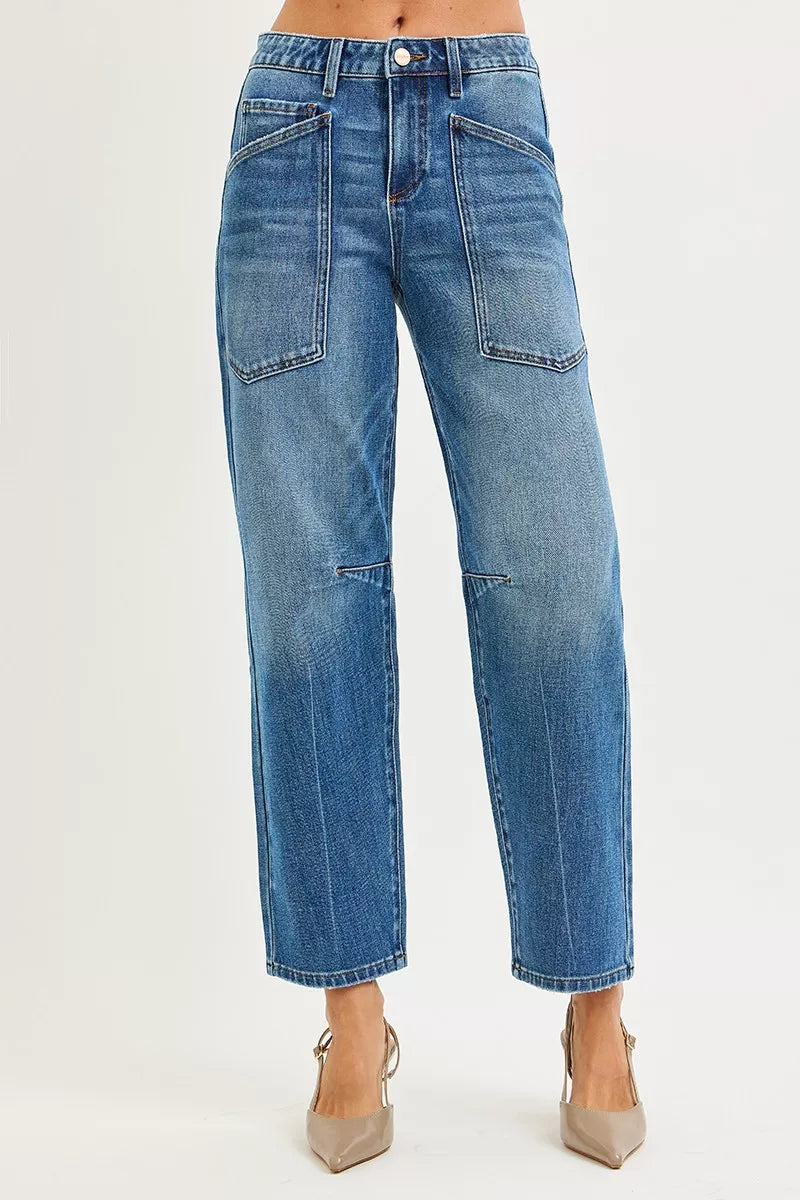 RISEN 4-Way Stretch Mid Rise Barrel Jeans with Patch Pocket Detail