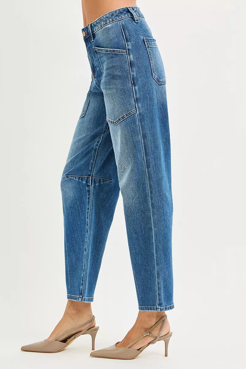 RISEN 4-Way Stretch Mid Rise Barrel Jeans with Patch Pocket Detail