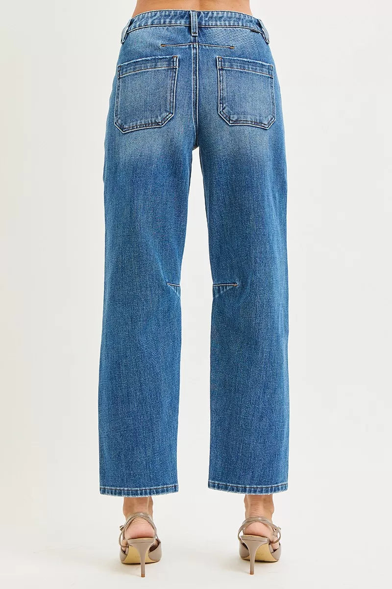 RISEN 4-Way Stretch Mid Rise Barrel Jeans with Patch Pocket Detail