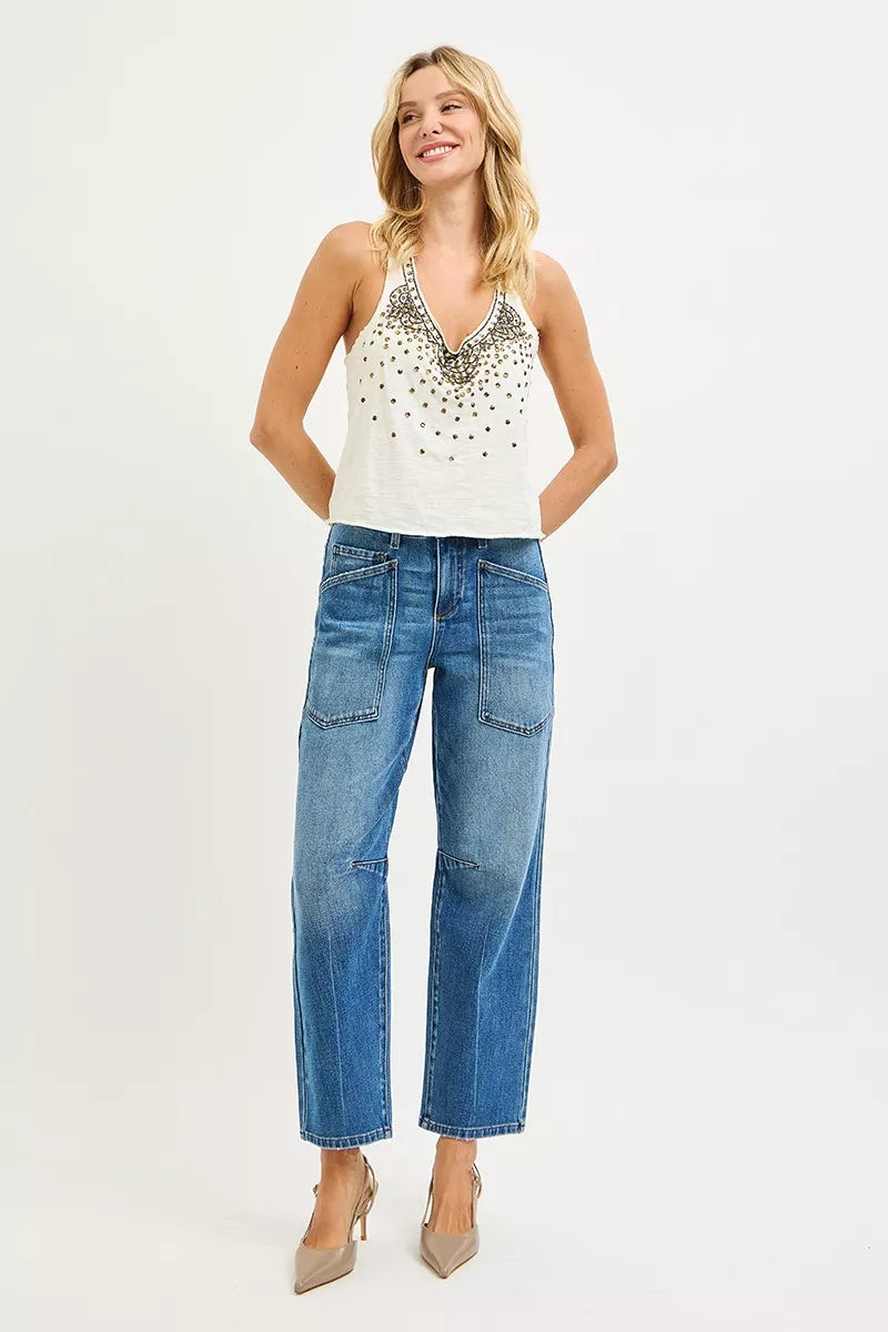 RISEN 4-Way Stretch Mid Rise Barrel Jeans with Patch Pocket Detail