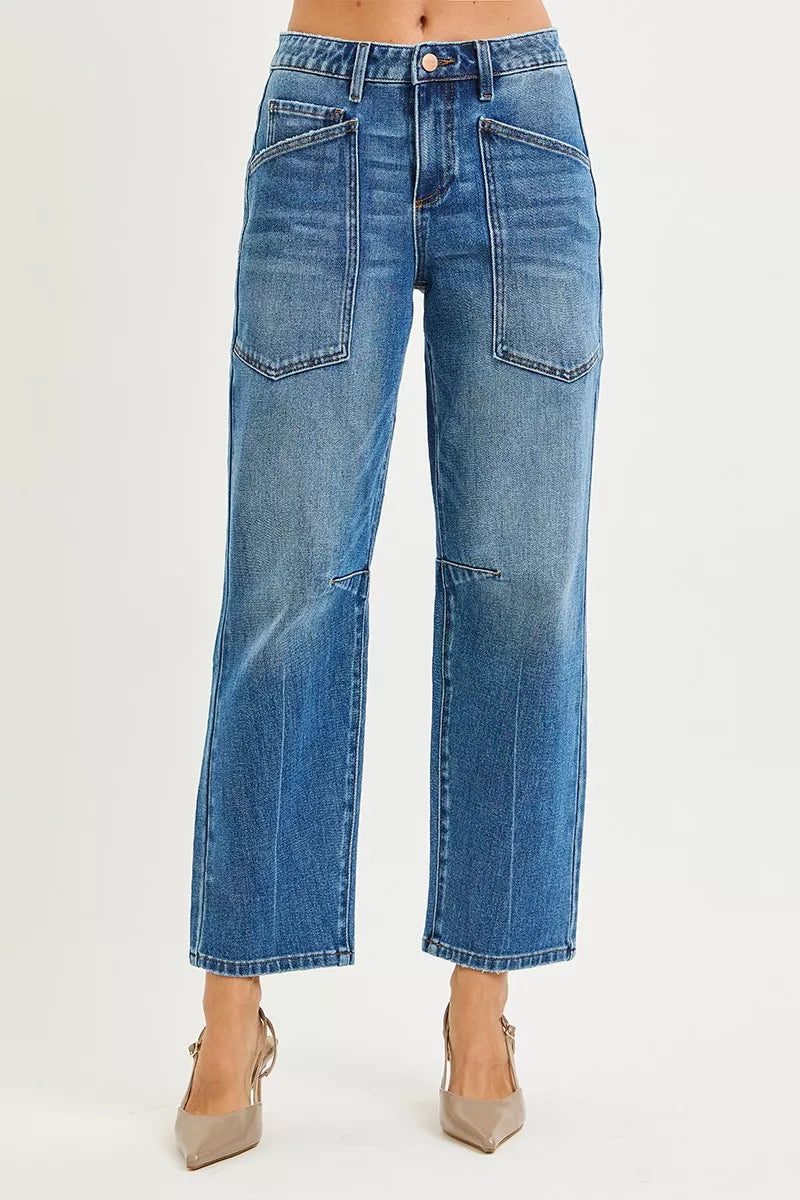 RISEN 4-Way Stretch Mid Rise Barrel Jeans with Patch Pocket Detail