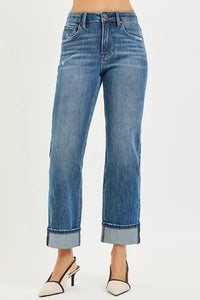 RISEN 4 Way Stretch Slouchy Straight Jeans with Cuffed Hem- Boho Chic Styles by Reef Love
