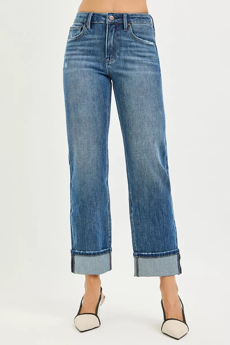 RISEN 4 Way Stretch Slouchy Straight Jeans with Cuffed Hem- Boho Chic Styles by Reef Love