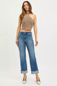 RISEN 4 Way Stretch Slouchy Straight Jeans with Cuffed Hem- Boho Chic Styles by Reef Love
