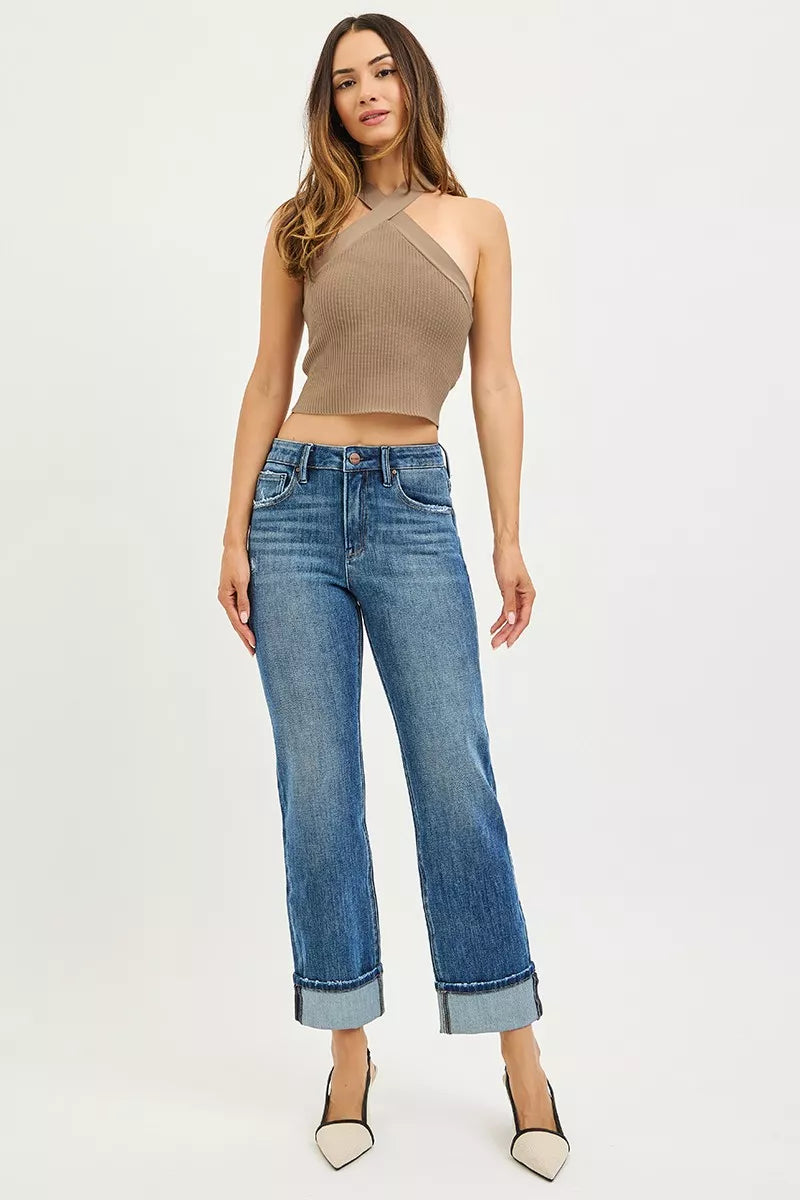 RISEN 4 Way Stretch Slouchy Straight Jeans with Cuffed Hem- Boho Chic Styles by Reef Love