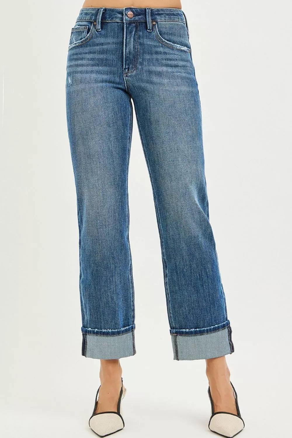RISEN 4 Way Stretch Slouchy Straight Jeans with Cuffed Hem- Boho Chic Styles by Reef Love