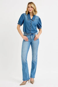 RISEN Button Down Puff Sleeve Crop Denim Shirt