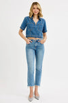Cropped straight jeans offer a flattering mid-rise waist, stretch denim for all-day comfort with light vintage wash.