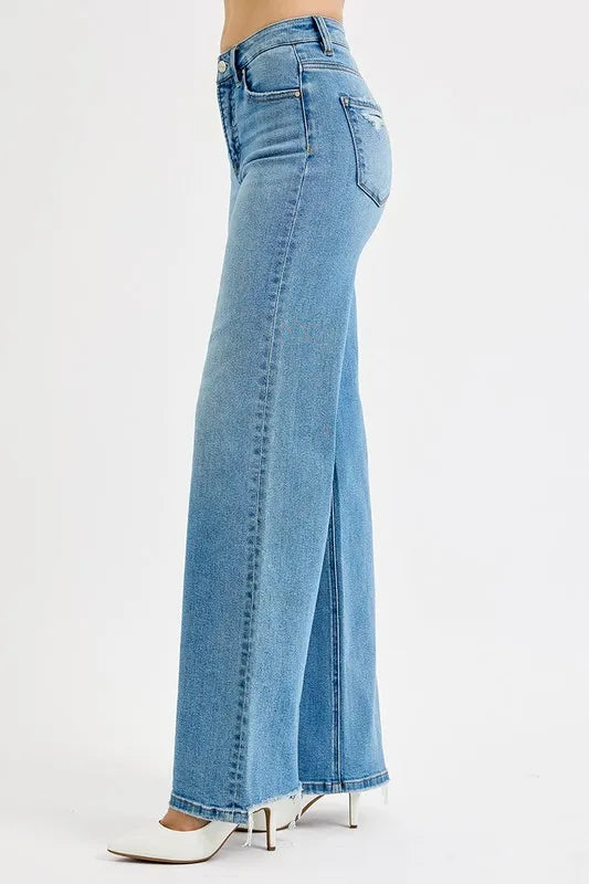 RISEN Distressed Medium Wash Flare Wide Leg Jeans-RISEN-Reef Love Boutique
