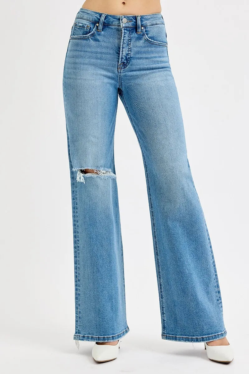 RISEN Distressed Medium Wash Wide Leg Jeans- Boho Chic Styles by Reef Love