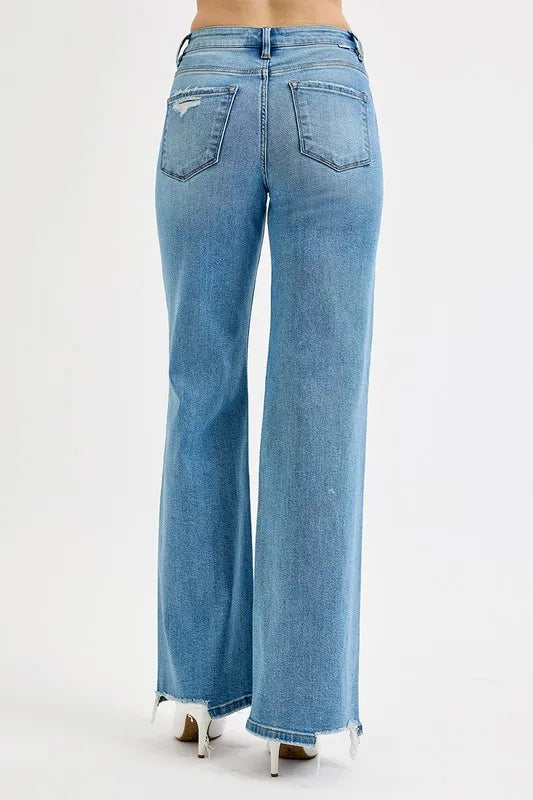 RISEN Distressed Medium Wash Wide Leg Jeans- Boho Chic Styles by Reef Love