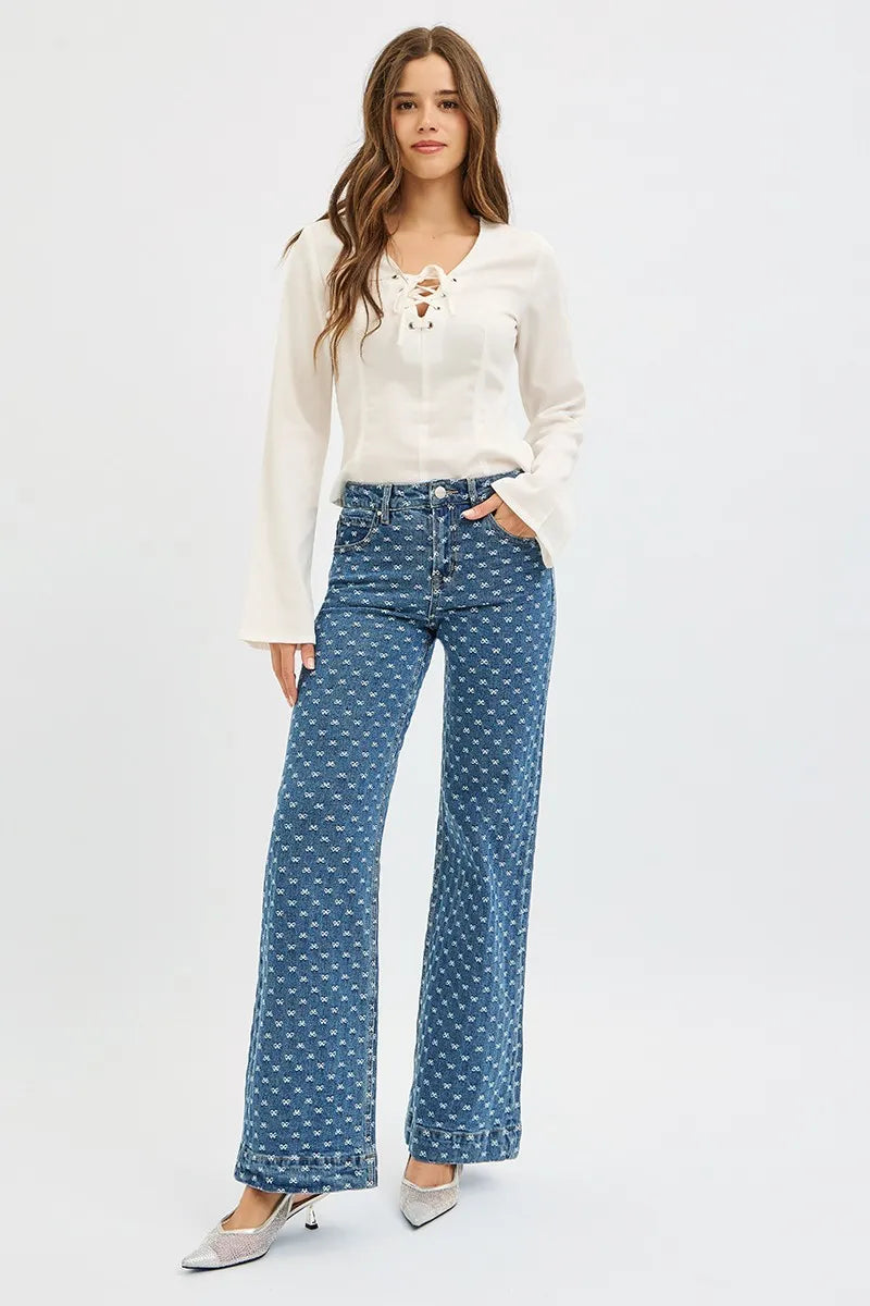RISEN Embroidered Bow Wide Leg Jeans-Reef Love