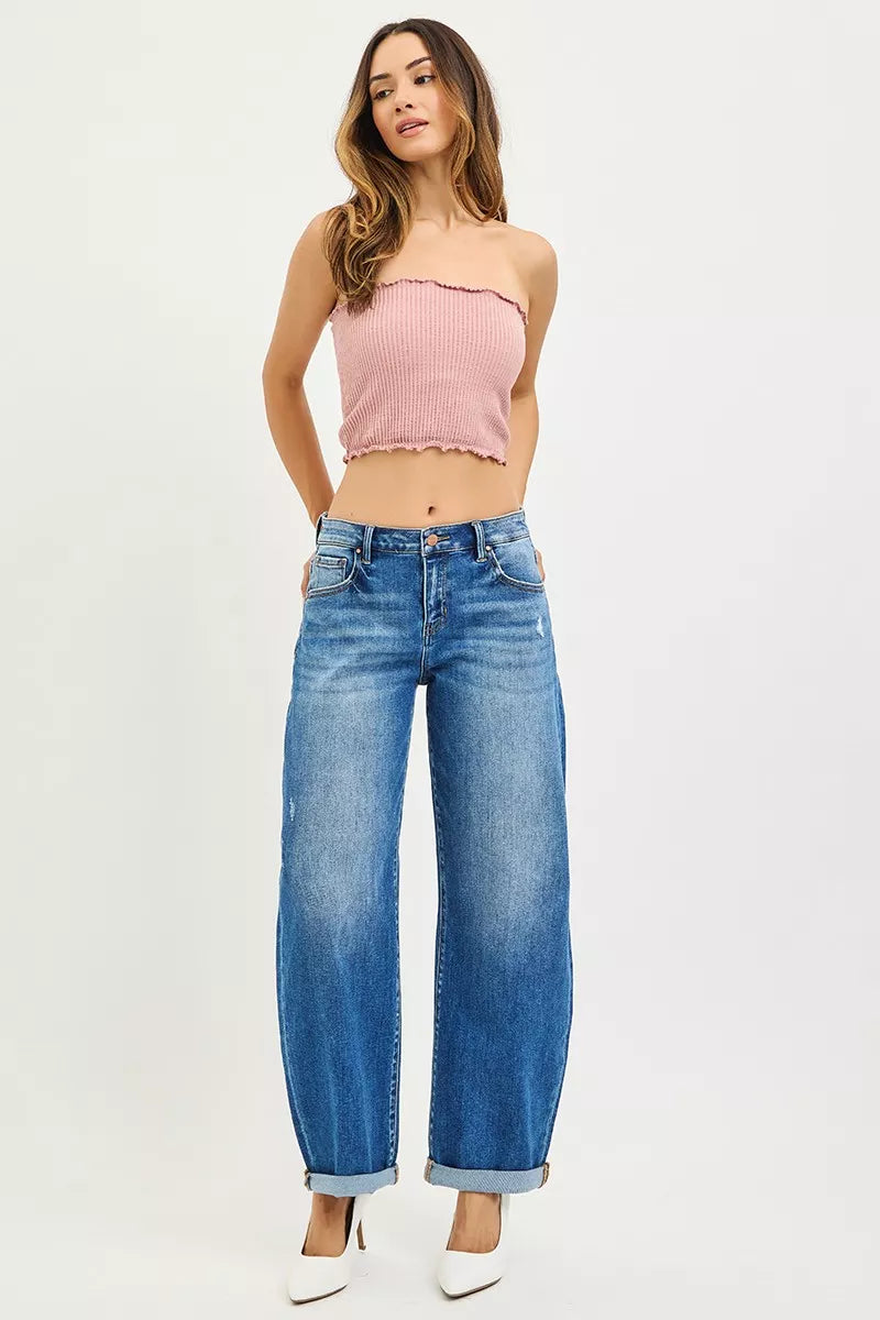RISEN Full Size Mid Rise Barrel Double Roll Up Jeans-RISEN-Reef Love Boutique