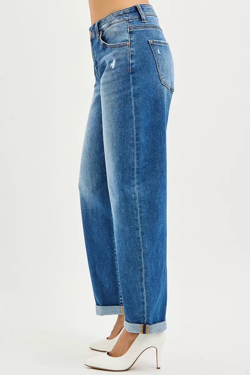 RISEN Full Size Mid Rise Barrel Double Roll Up Jeans-RISEN-Reef Love Boutique