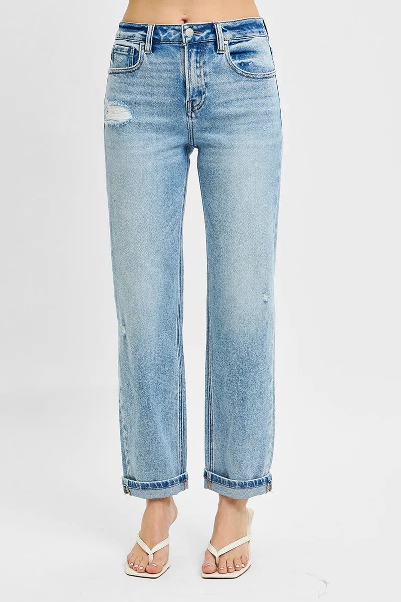 RISEN High Rise Ankle Boyfriend Distressed Jeans