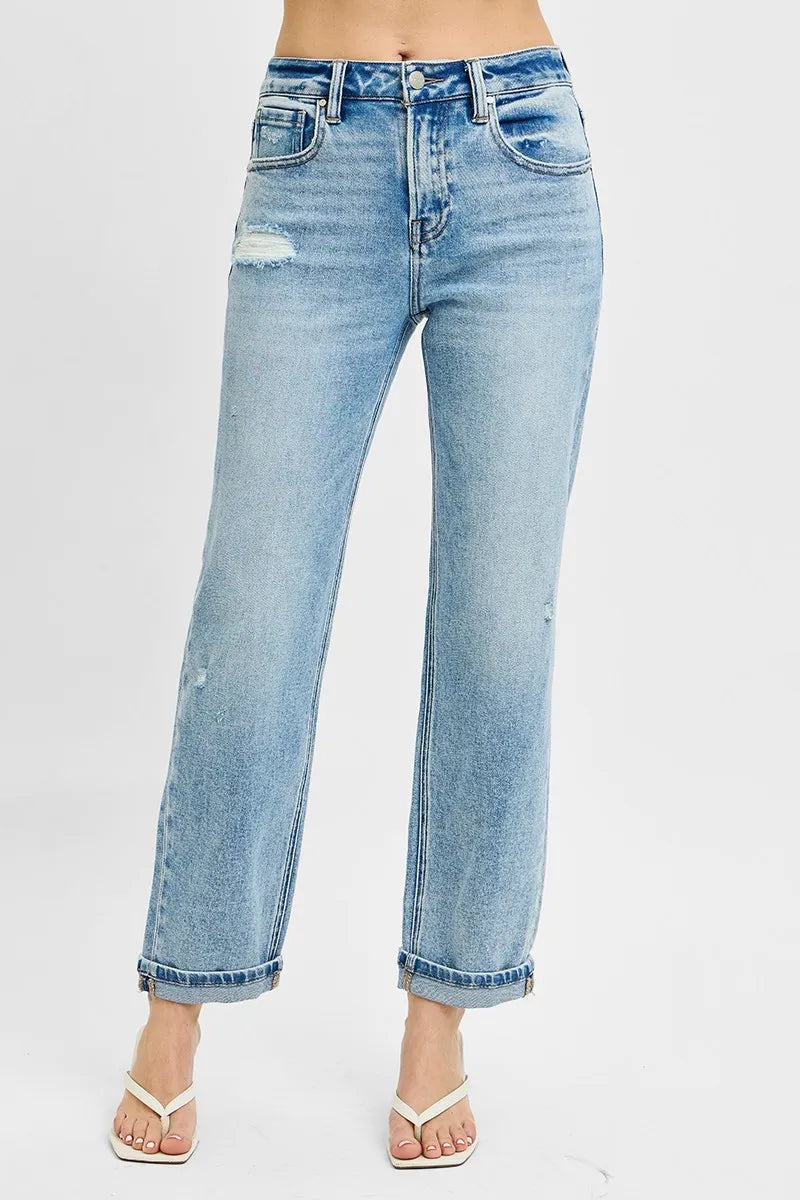 RISEN High Rise Ankle Boyfriend Distressed Jeans