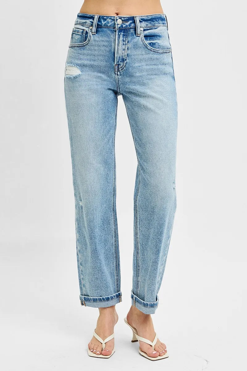 RISEN High Rise Ankle Boyfriend Distressed Jeans