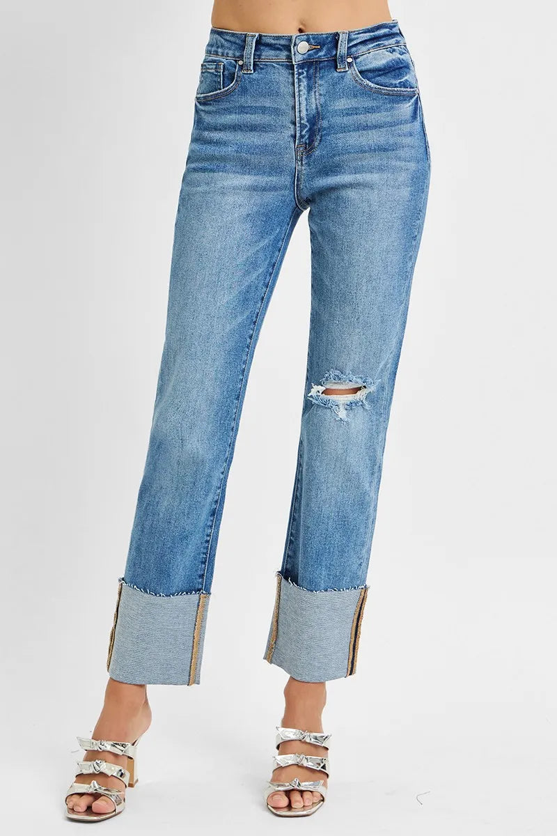 RISEN High Rise Ankle Straight Wide Cuffed Jeans-RISEN High Rise Ankle Straight Wide Cuffed Jeans with distressed raw hem. Wear cuffed or uncuffed for extra-long length. Available in regular & plus sizes.-Reef Love